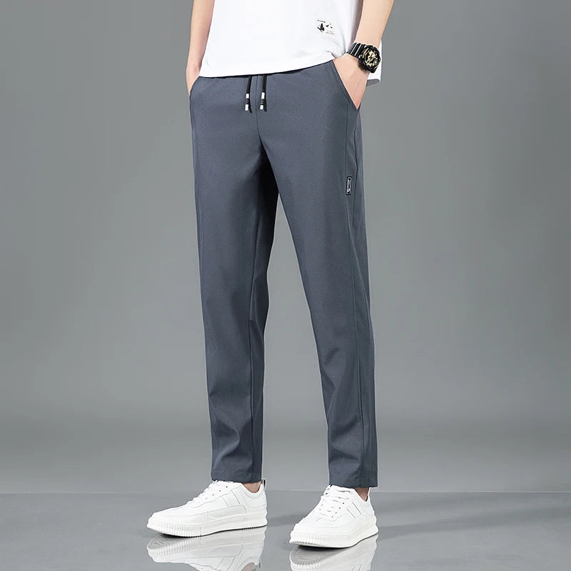 Ice Silk Men's Pants 2025 Summer New Black Gray Thin Business Casual Pants Outdoor Elastic Breathable Straight Leg Sweatpants