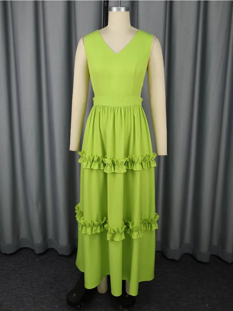 Elegant V-Neck Tiered Ruffle Midi Dress Sleeveless Off Shoulder Hollowed Waist A Line Ankle-Length for Party or Special Occasion