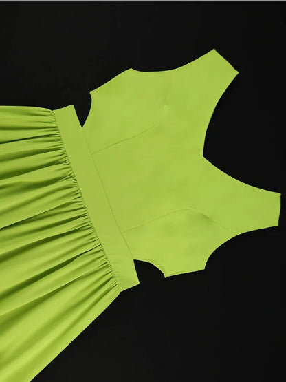 Elegant V-Neck Tiered Ruffle Midi Dress Sleeveless Off Shoulder Hollowed Waist A Line Ankle-Length for Party or Special Occasion