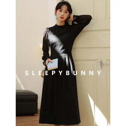 Elegant Autumn Midi Dress Women Pleated Mock Neck A-Line Dress with Sheer Long Sleeves Slim Fit Patchwork Design Office or Date