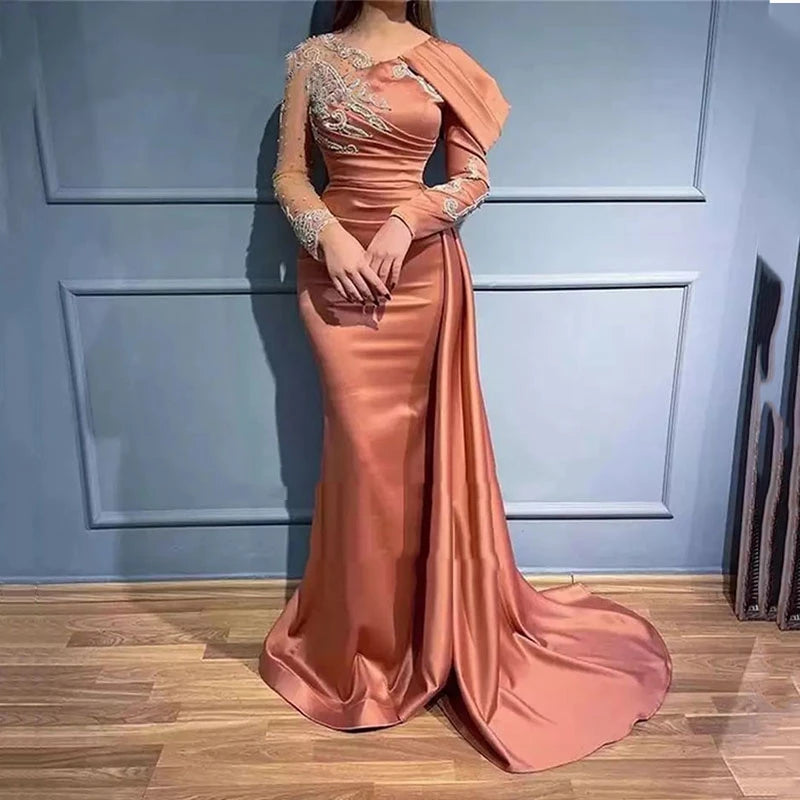Angel Customized Dubai Mermaid Arabic Evening Dress For Women Wedding Long Sleeve Beaded Appliques Elegant Formal Party Gown
