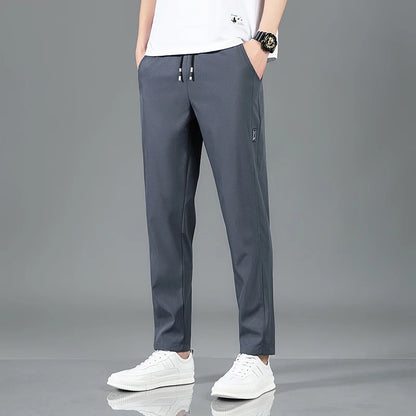Ice Silk Men's Pants 2025 Summer New Black Gray Thin Business Casual Pants Outdoor Elastic Breathable Straight Leg Sweatpants