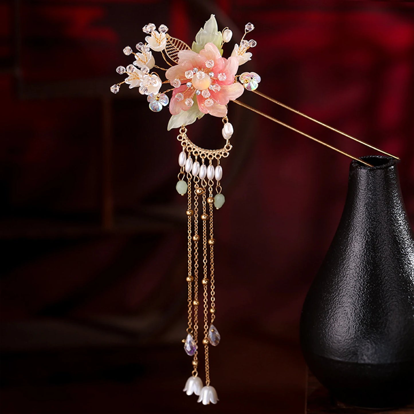 Elegant Pink Flower Hair Pin U Shaped Floral Hair Sticks Forks Pearls Chain Tassel Hairclips Woman Girls Step Shake Hair Jewelry