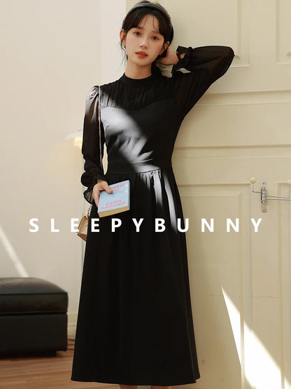 Elegant Autumn Midi Dress Women Pleated Mock Neck A-Line Dress with Sheer Long Sleeves Slim Fit Patchwork Design Office or Date
