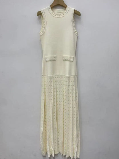 Women's elegant two-piece suit, white pearl cardigan or round neck sleeveless midi dress