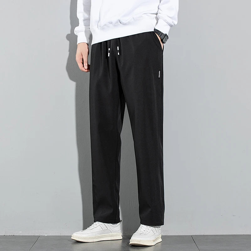 Ice Silk Men's Pants 2025 Summer New Black Gray Thin Business Casual Pants Outdoor Elastic Breathable Straight Leg Sweatpants