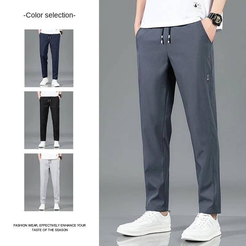 Ice Silk Men's Pants 2025 Summer New Black Gray Thin Business Casual Pants Outdoor Elastic Breathable Straight Leg Sweatpants
