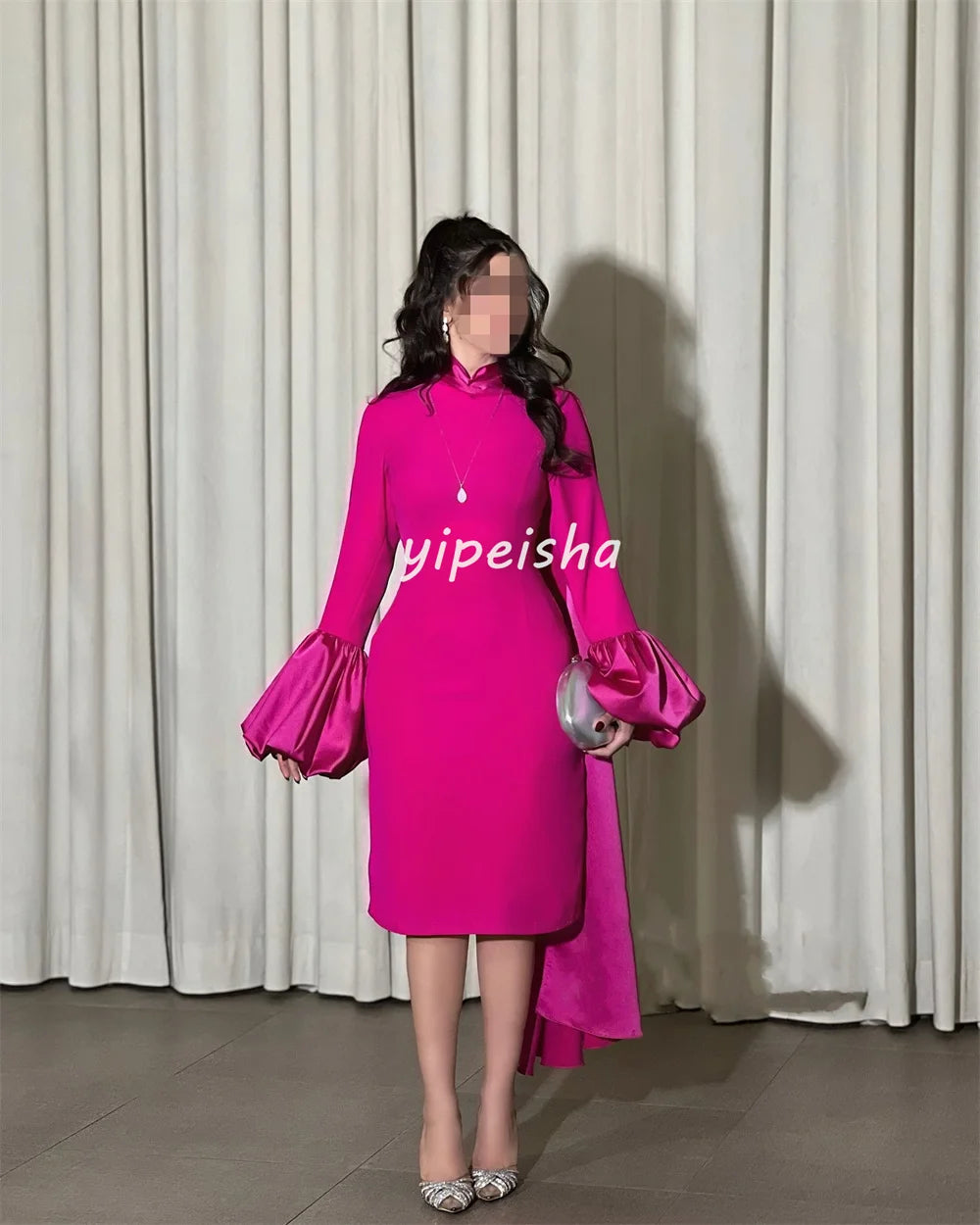 Customized Fashion Sizes Available Pleat Ruched Straight High Collar Knee Length Dresses Bespoke Occasion Dresses Modern Style