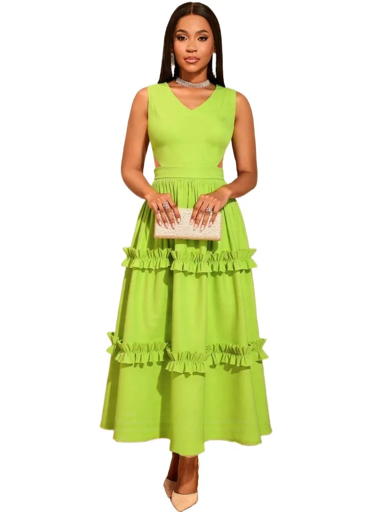 Elegant V-Neck Tiered Ruffle Midi Dress Sleeveless Off Shoulder Hollowed Waist A Line Ankle-Length for Party or Special Occasion