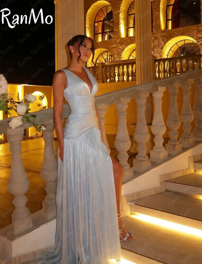 Ranmo Customized Long Chiffon Evening Dresses with Slit Mermaid V-Neck Pleated Watteau Train Party Dress فساتين سهرة