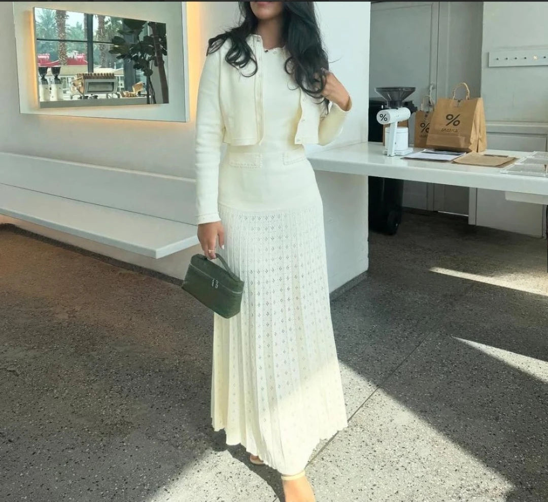 Women's elegant two-piece suit, white pearl cardigan or round neck sleeveless midi dress