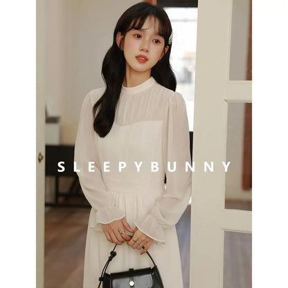 Elegant Autumn Midi Dress Women Pleated Mock Neck A-Line Dress with Sheer Long Sleeves Slim Fit Patchwork Design Office or Date