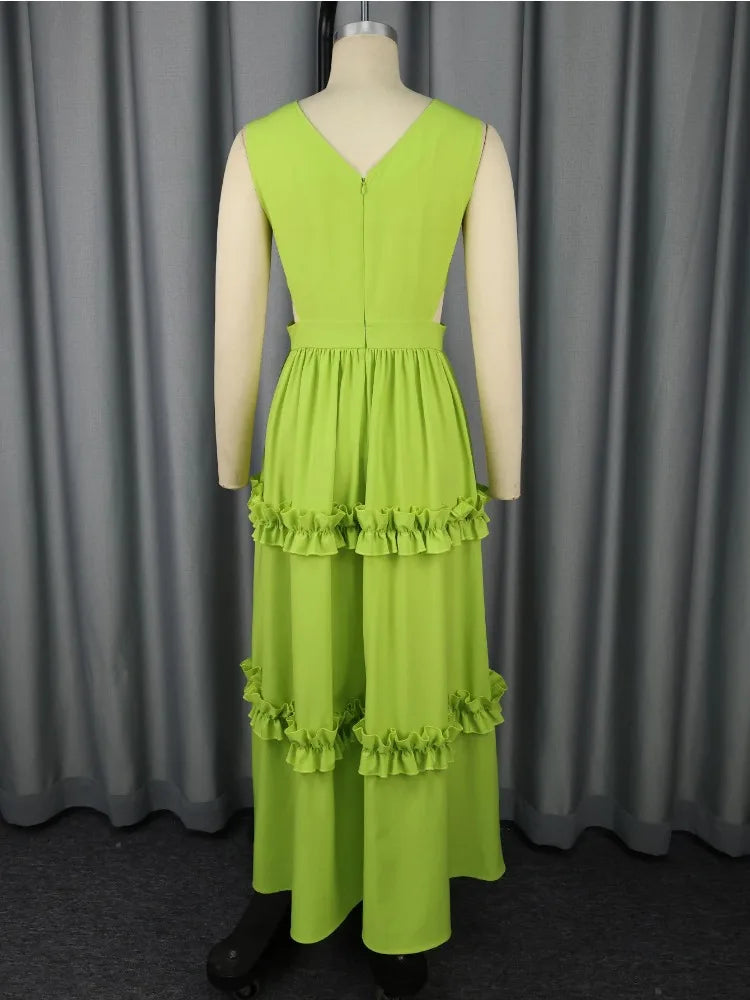 Elegant V-Neck Tiered Ruffle Midi Dress Sleeveless Off Shoulder Hollowed Waist A Line Ankle-Length for Party or Special Occasion