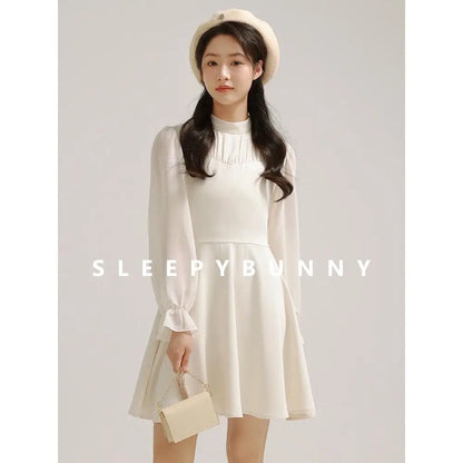 Elegant Autumn Midi Dress Women Pleated Mock Neck A-Line Dress with Sheer Long Sleeves Slim Fit Patchwork Design Office or Date