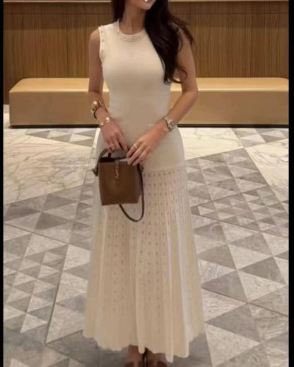 Women's elegant two-piece suit, white pearl cardigan or round neck sleeveless midi dress