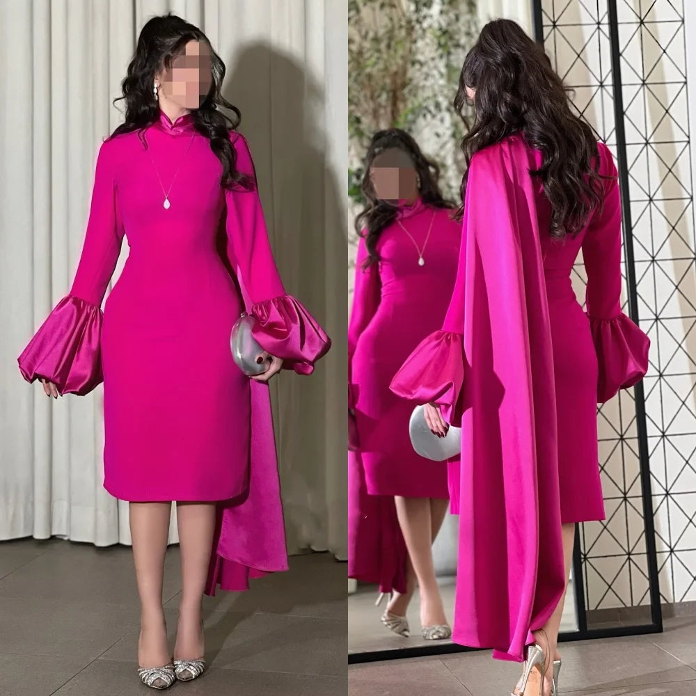 Customized Fashion Sizes Available Pleat Ruched Straight High Collar Knee Length Dresses Bespoke Occasion Dresses Modern Style
