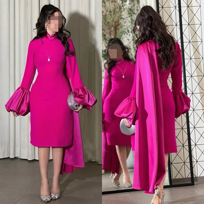 Customized Fashion Sizes Available Pleat Ruched Straight High Collar Knee Length Dresses Bespoke Occasion Dresses Modern Style