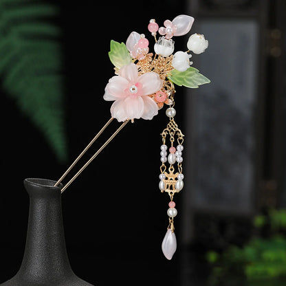 Elegant Pink Flower Hair Pin U Shaped Floral Hair Sticks Forks Pearls Chain Tassel Hairclips Woman Girls Step Shake Hair Jewelry