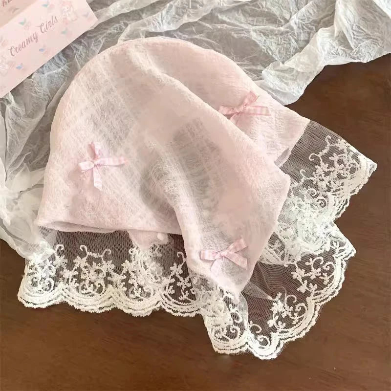 Korean Lace Bow Retro Triangular Scarf Solid Color Headscarf Trend Elegant Headwear for Women Girl Y2K Jewelry 2024 INS Bandana