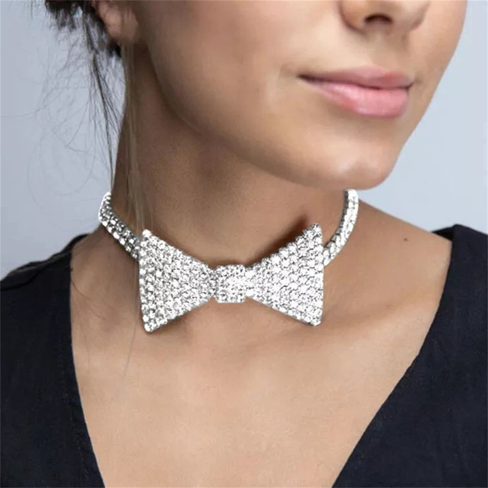 Exquisite Elegant Rhinestone Bow Neck chain Fashion Necktie Neck chain Sexy Nightclub Uniform Style Necklace Choker