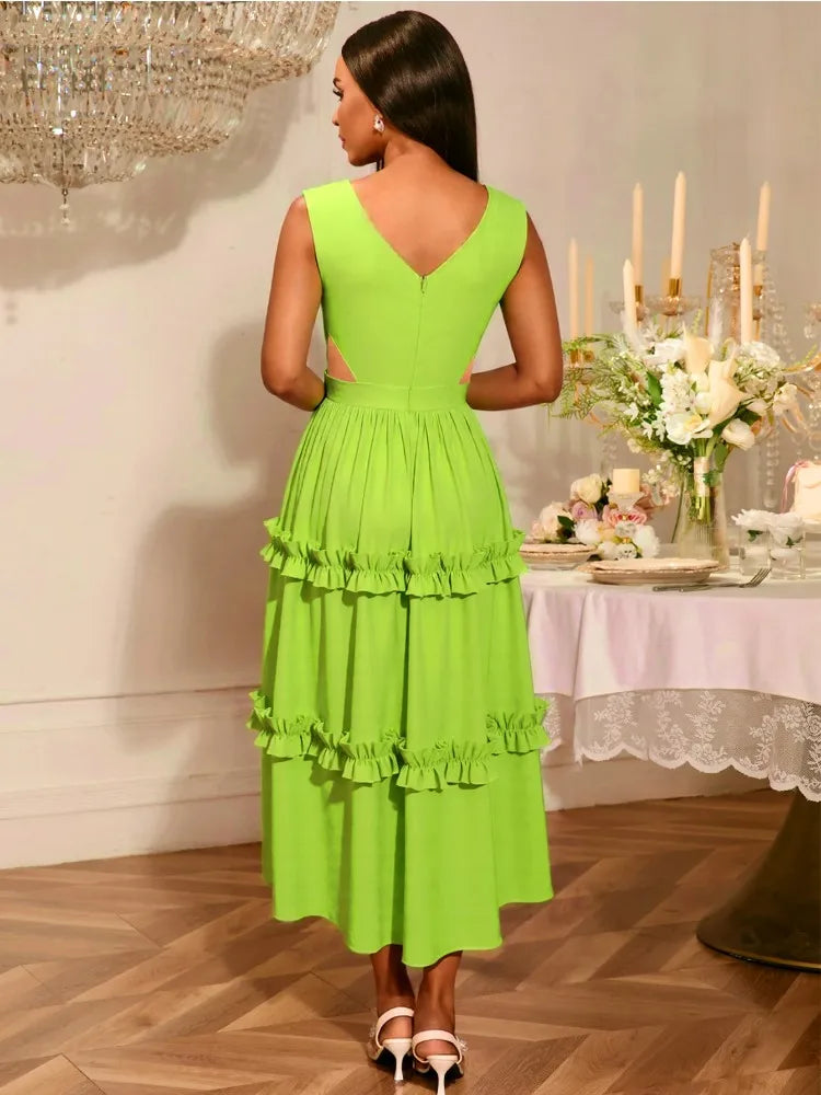 Elegant V-Neck Tiered Ruffle Midi Dress Sleeveless Off Shoulder Hollowed Waist A Line Ankle-Length for Party or Special Occasion