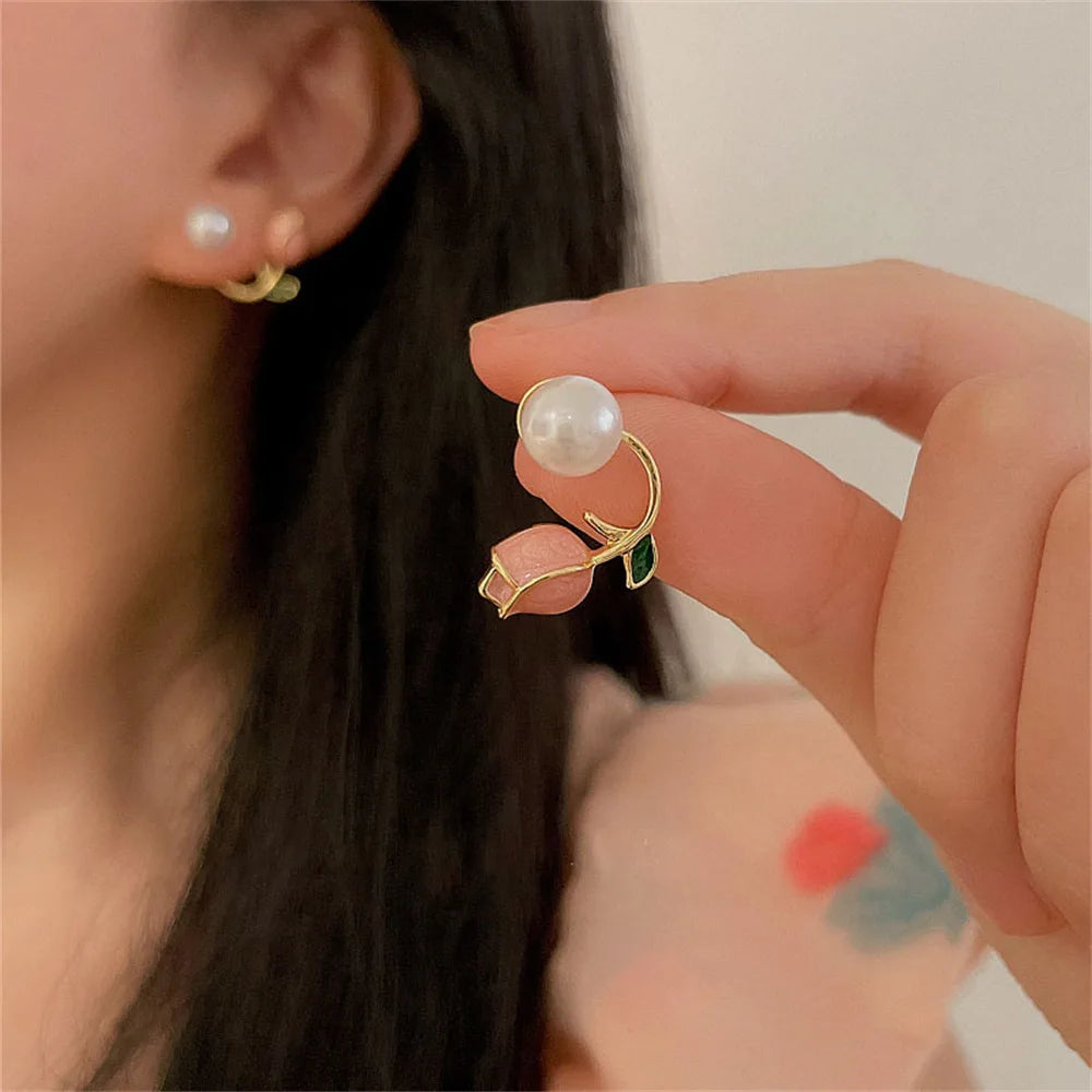 Korean Shiny Crystal Rhinestone Pearl Earrings for Women Girl Geometry Handcrafted Micro Paved Flower Heart Stud Earring Jewelry