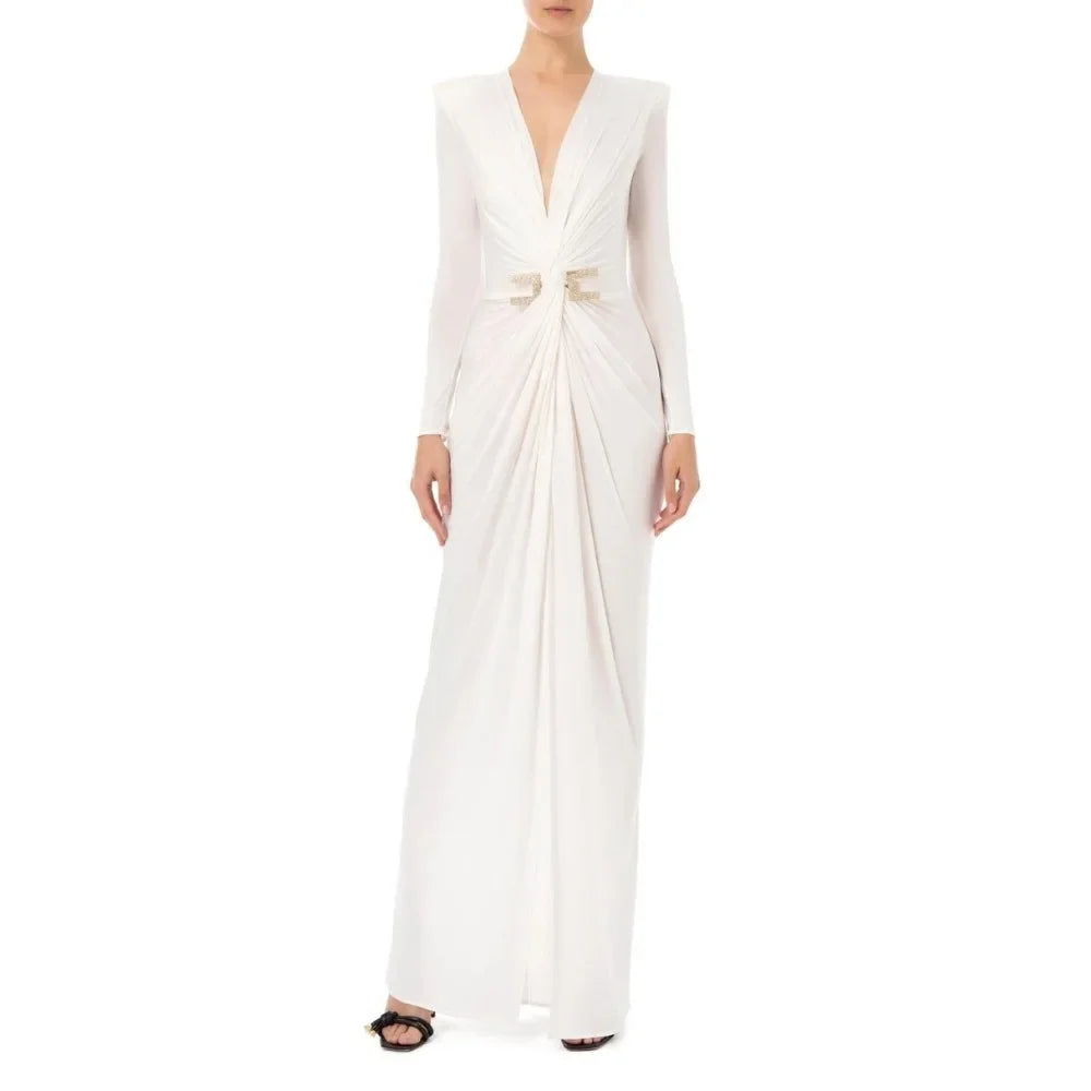 customized V Neck Women Evening Dresses 2025 Party Dresses With Slit Sheath Pleated Floor Length Prom Dresses robes de soirée فس