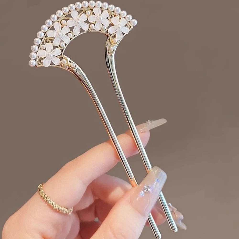 1pc Exquisite Fashion Elegant Vintage Pearl U-Pin Hair Accessory with Column Headpiece Wholesale Retro Hairpins Hair Jewelry