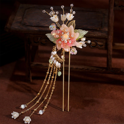 Elegant Pink Flower Hair Pin U Shaped Floral Hair Sticks Forks Pearls Chain Tassel Hairclips Woman Girls Step Shake Hair Jewelry