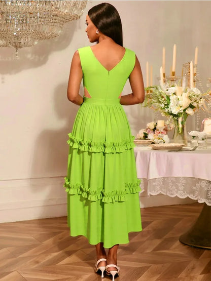 Elegant V-Neck Tiered Ruffle Midi Dress Sleeveless Off Shoulder Hollowed Waist A Line Ankle-Length for Party or Special Occasion