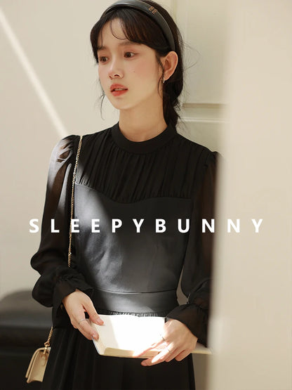 Elegant Autumn Midi Dress Women Pleated Mock Neck A-Line Dress with Sheer Long Sleeves Slim Fit Patchwork Design Office or Date