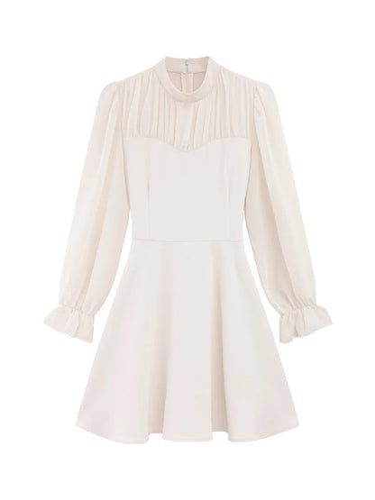 Elegant Autumn Midi Dress Women Pleated Mock Neck A-Line Dress with Sheer Long Sleeves Slim Fit Patchwork Design Office or Date