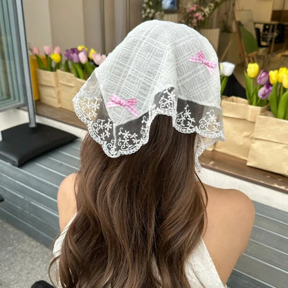 Korean Lace Bow Retro Triangular Scarf Solid Color Headscarf Trend Elegant Headwear for Women Girl Y2K Jewelry 2024 INS Bandana