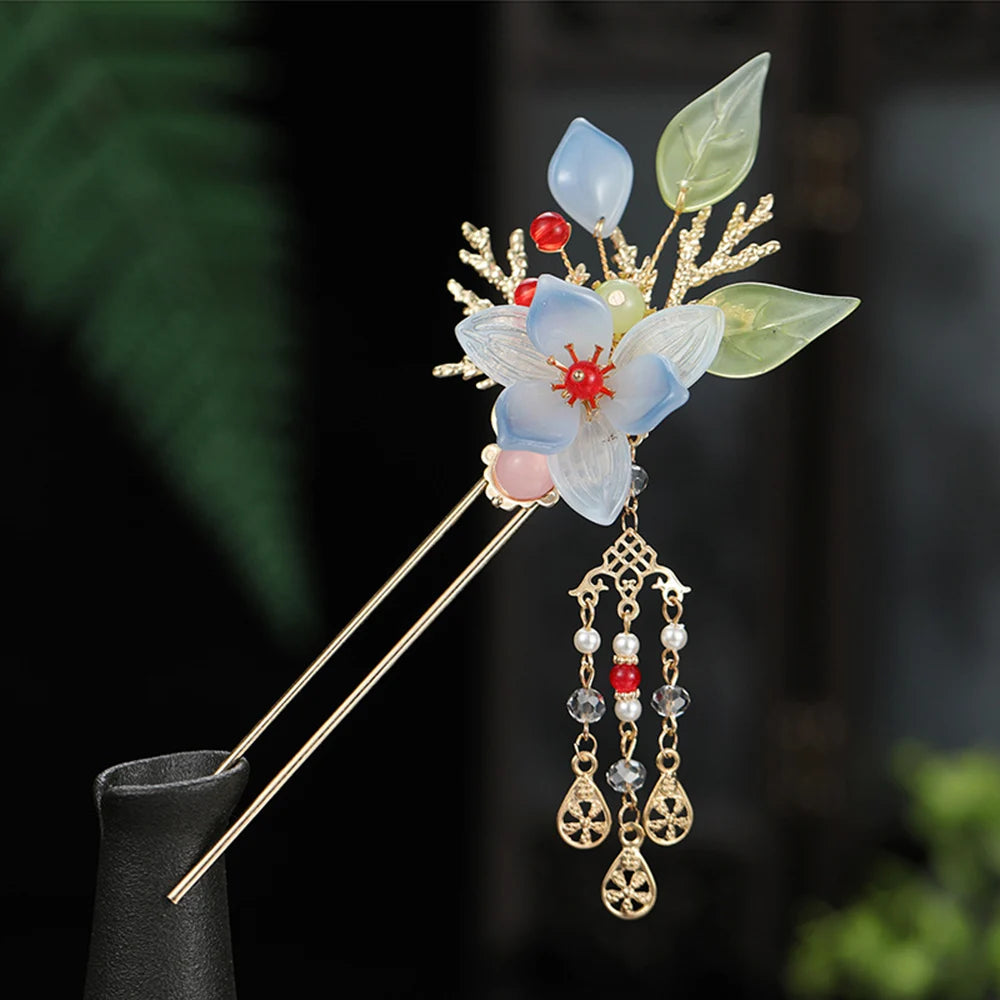 Elegant Pink Flower Hair Pin U Shaped Floral Hair Sticks Forks Pearls Chain Tassel Hairclips Woman Girls Step Shake Hair Jewelry