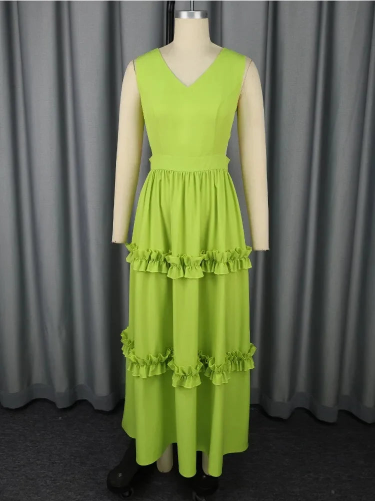 Elegant V-Neck Tiered Ruffle Midi Dress Sleeveless Off Shoulder Hollowed Waist A Line Ankle-Length for Party or Special Occasion