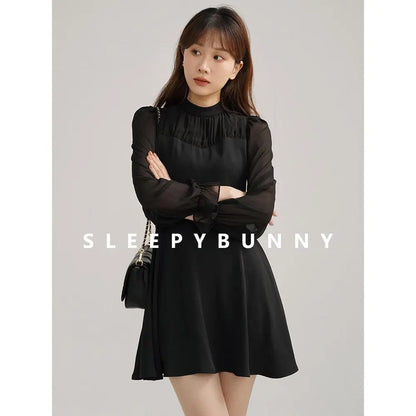 Elegant Autumn Midi Dress Women Pleated Mock Neck A-Line Dress with Sheer Long Sleeves Slim Fit Patchwork Design Office or Date