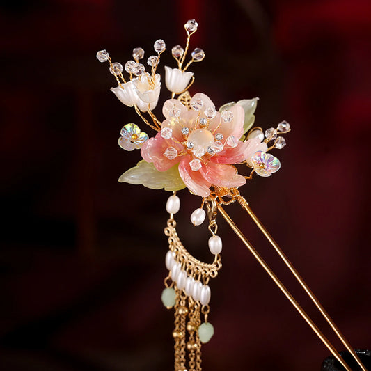 Elegant Pink Flower Hair Pin U Shaped Floral Hair Sticks Forks Pearls Chain Tassel Hairclips Woman Girls Step Shake Hair Jewelry