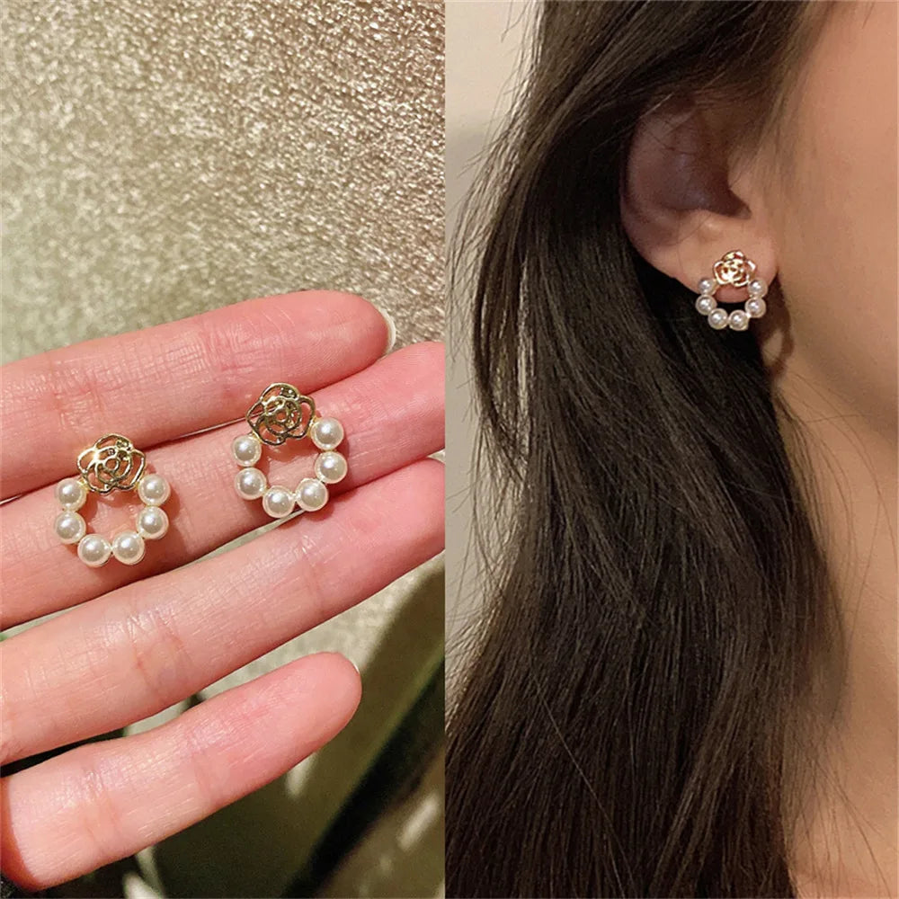 Korean Shiny Crystal Rhinestone Pearl Earrings for Women Girl Geometry Handcrafted Micro Paved Flower Heart Stud Earring Jewelry