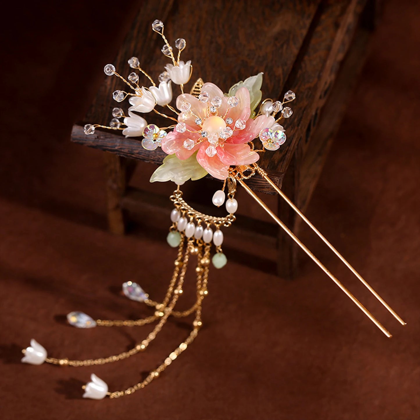Elegant Pink Flower Hair Pin U Shaped Floral Hair Sticks Forks Pearls Chain Tassel Hairclips Woman Girls Step Shake Hair Jewelry