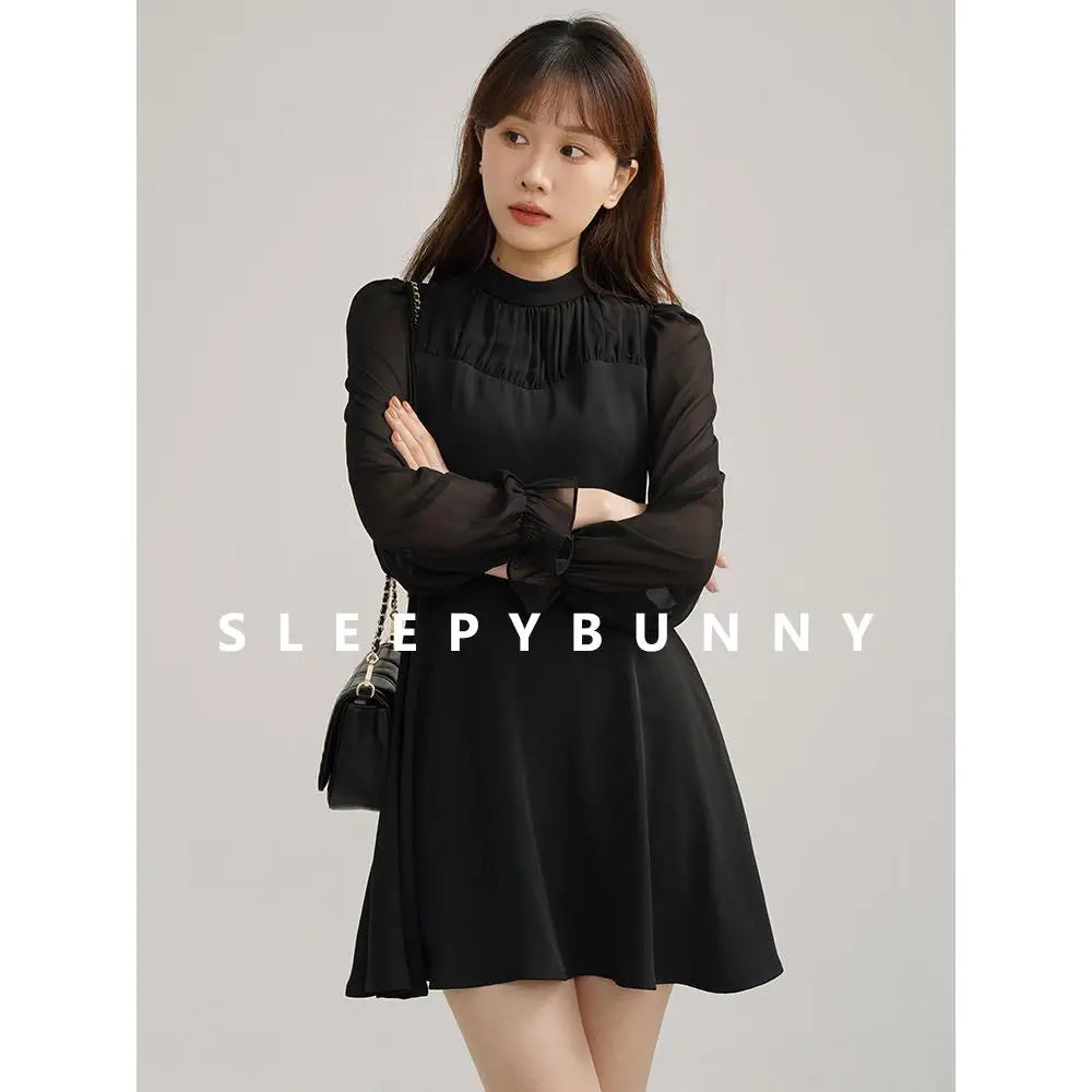 Elegant Autumn Midi Dress Women Pleated Mock Neck A-Line Dress with Sheer Long Sleeves Slim Fit Patchwork Design Office or Date