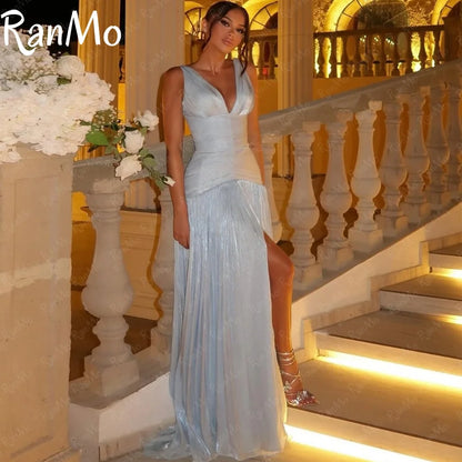 Ranmo Customized Long Chiffon Evening Dresses with Slit Mermaid V-Neck Pleated Watteau Train Party Dress فساتين سهرة
