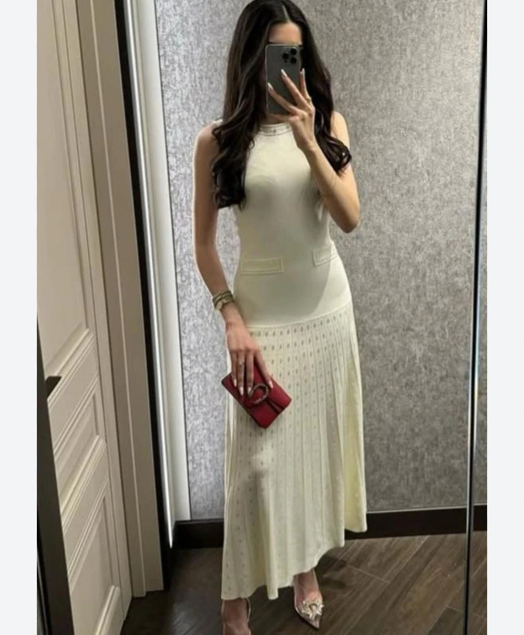 Women's elegant two-piece suit, white pearl cardigan or round neck sleeveless midi dress