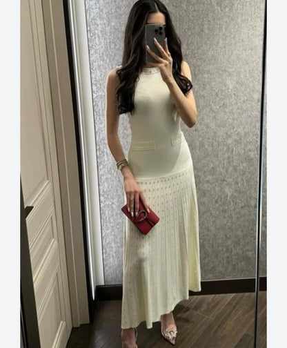 Women's elegant two-piece suit, white pearl cardigan or round neck sleeveless midi dress