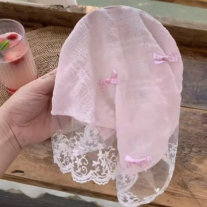 Korean Lace Bow Retro Triangular Scarf Solid Color Headscarf Trend Elegant Headwear for Women Girl Y2K Jewelry 2024 INS Bandana